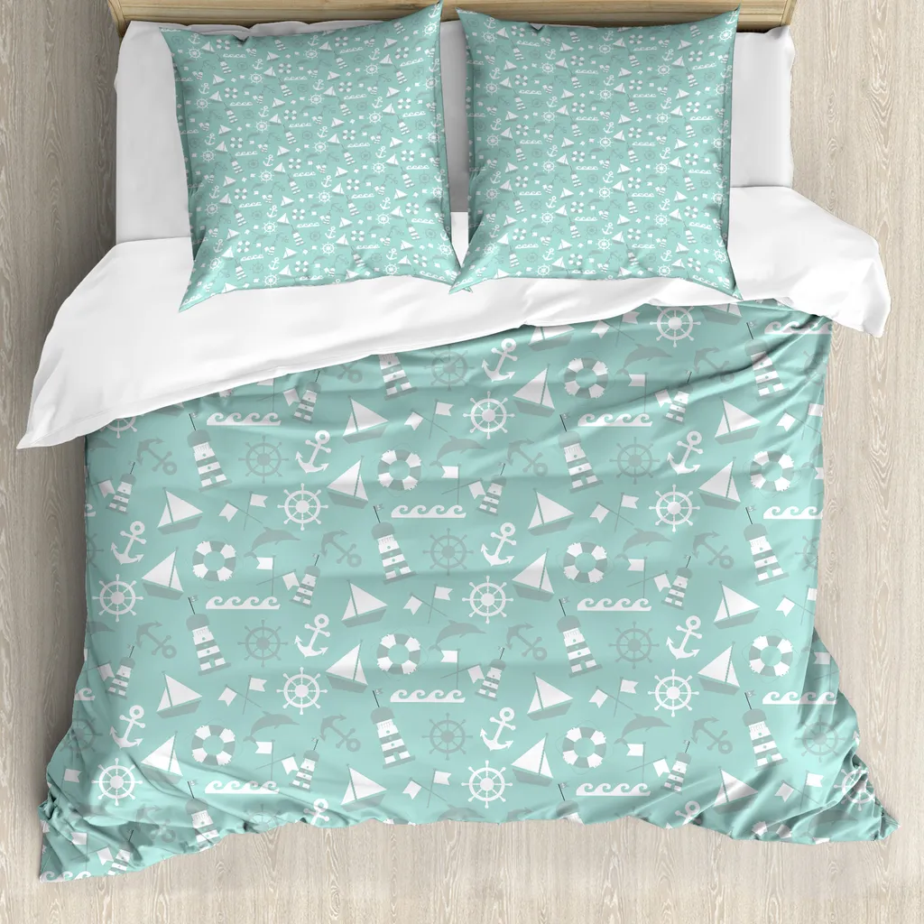 Housse de couette ABAKUHAUS 200x200 cm, Motif Ancre et Dauphin, Vert
