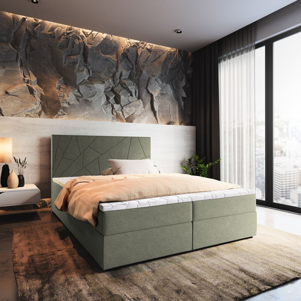 Masseno Boxspringbett MADO 140x200 cm Komplett-Set mit Bonell Matratze und Topper, Polsterbett mit Bettkästen -Grün, INARI 34