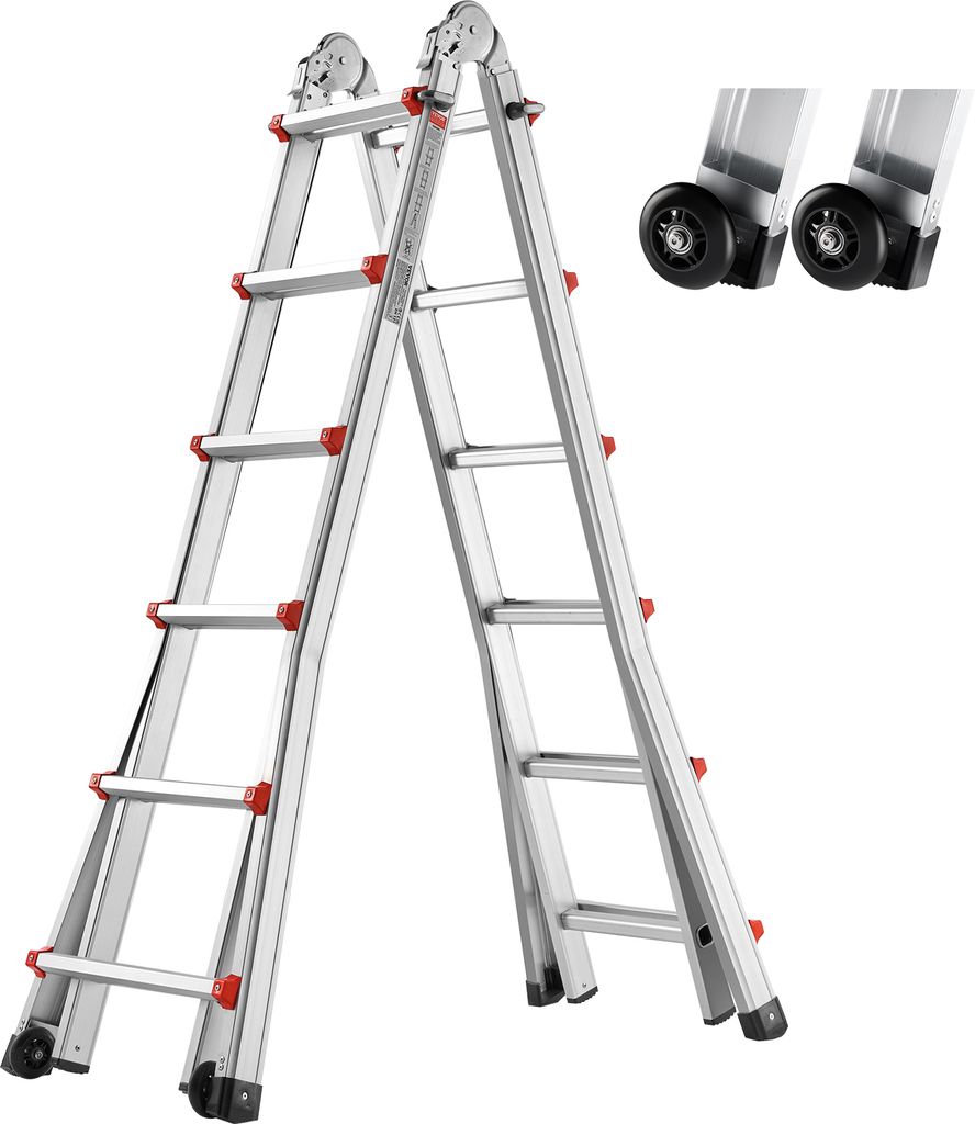 A silver, multi-purpose A-frame ladder is shown against a white background. Two black wheels are also visible in the upper right corner of the image.
