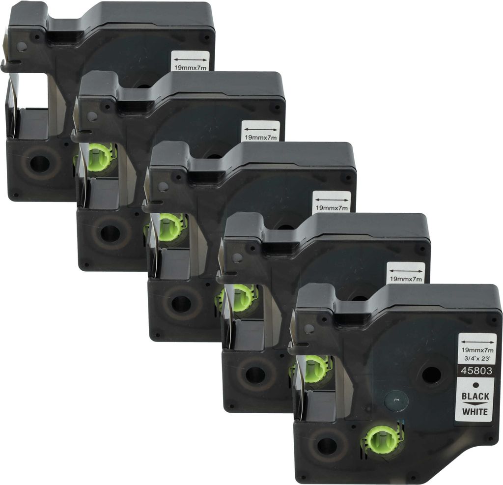vhbw 5x Schriftband-Kassette kompatibel mit Dymo LabelWriter Duo 400, Duo, Duo 450 Etiketten-Drucker 7m x 19mm Schwarz auf Weiß