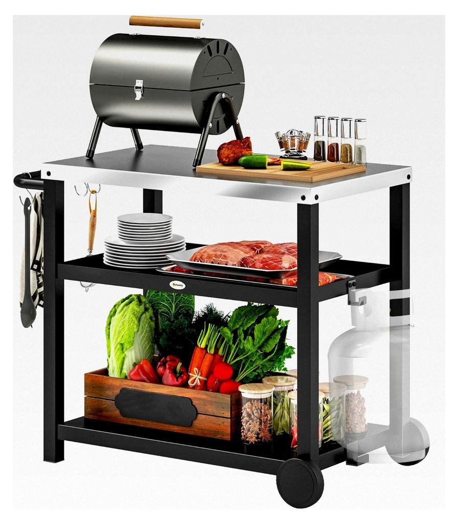 Grillwagen mit 3 Etagen, Arbeitsfläche, Ablagen, Haken und Rädern, Edelstahl BBQ Grilltisch, Beistelltisch für den Außenbereich, Holzkohlegrill...