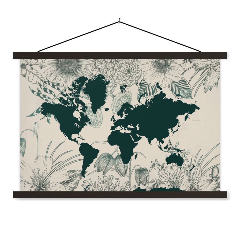 MuchoWow Textilposter Weltkarte - Blumen - Pflanzen 150x100 cm mit schwarzem Rahmen - Schlafzimmer