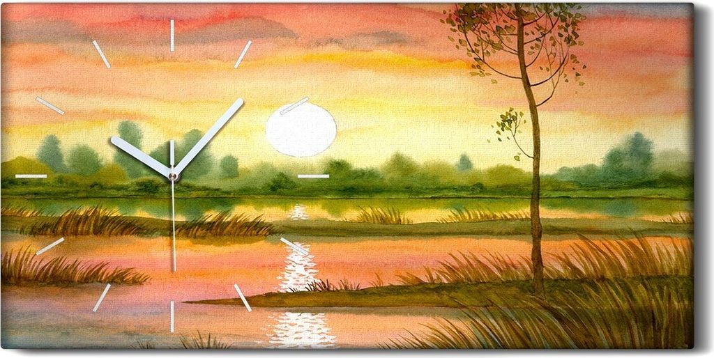 Wandbild Leinwand Bilder mit Uhr Kunstdruck 60x30 Gemälde Aquarelle Baum Sonne - weiße Hände