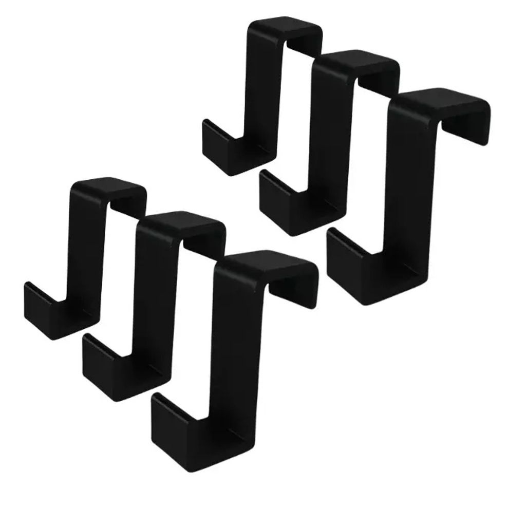 Six black metal hooks are arranged on a white background.