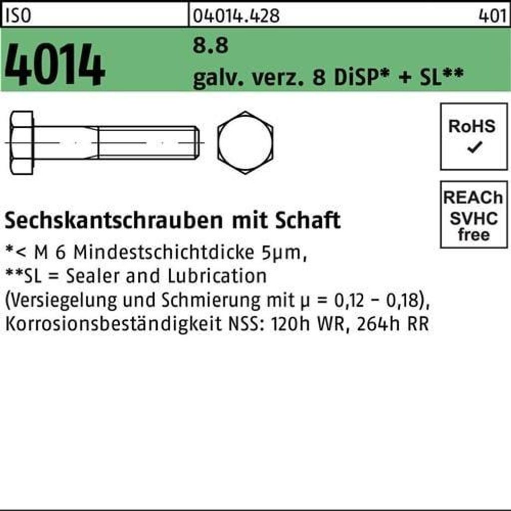 Reyher Sechskantschrauben ISO 4014 8.8 M 20x75 Zn8 (25 Stück)