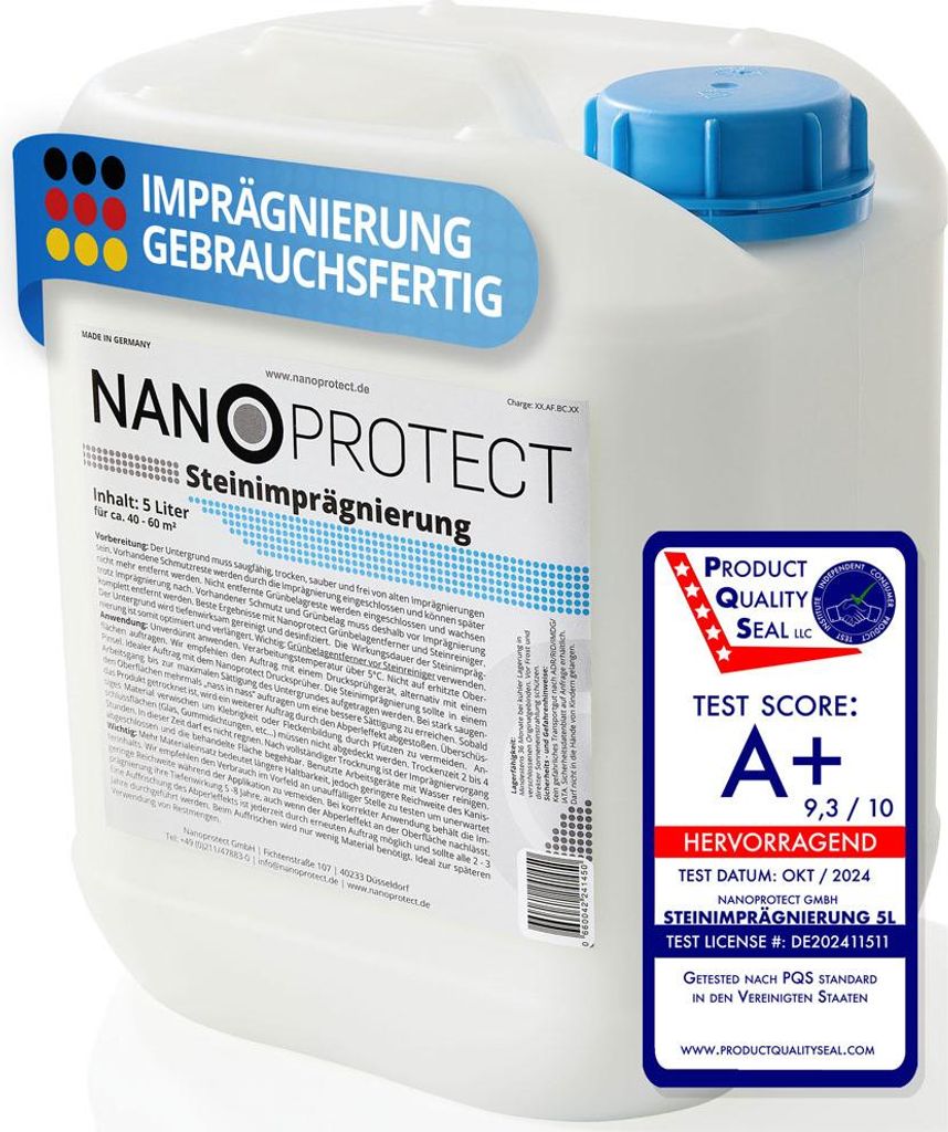 Nanoprotect Steinimprägnierung 5 L | Vorbeugend gegen Grünbelag und Einschmutzung | Ideal für Pflastersteine, Beton und Fassaden | 5 L für ca. ...