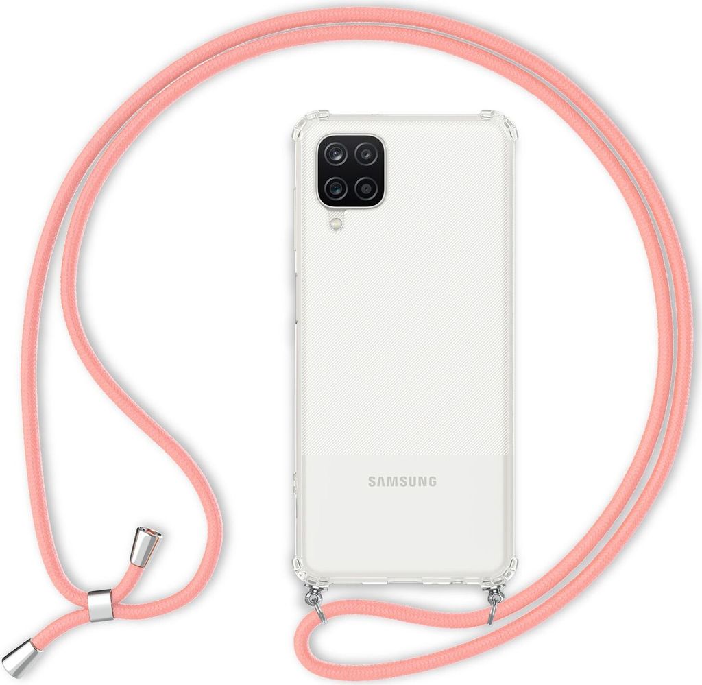 NALIA Klare Handy Hülle mit Kette für Samsung Galaxy A12, Band Case Schnur Cover Pink