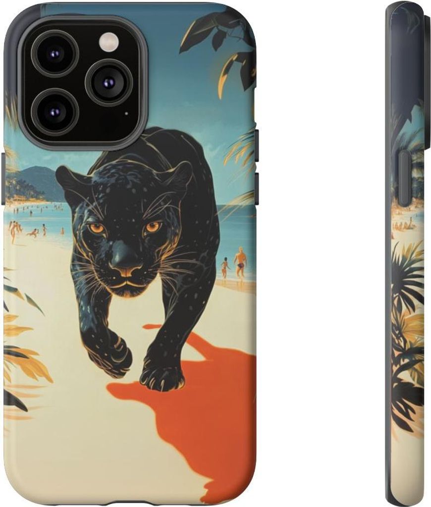 Schwarzer Panther am sonnigen Strand – Handyhülle Kompatibel mit iPhone 14 Pro Max