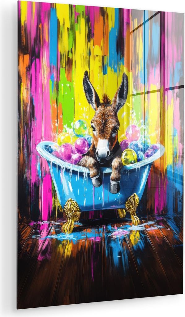 MuchoWow Glasbilder - Bilder auf Wandbild - Foto auf Glas Esel - Badewanne - Rosa - Schaumstoff 40x60 cm Wanddekoration aus Glas - Acrylglasbild - ...