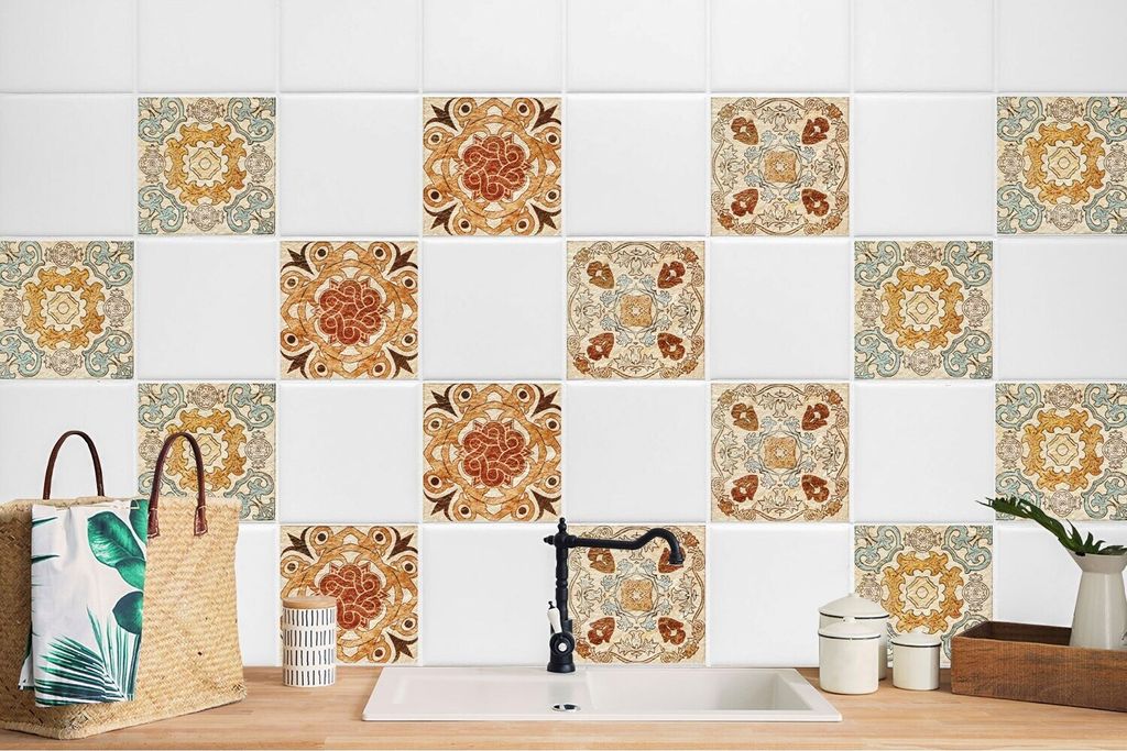 24 Stück Magic Stick Fliesen-Aufkleber Bodenfliesen für Küchen und Bad Vintage Mosaik 10 x 10 cm