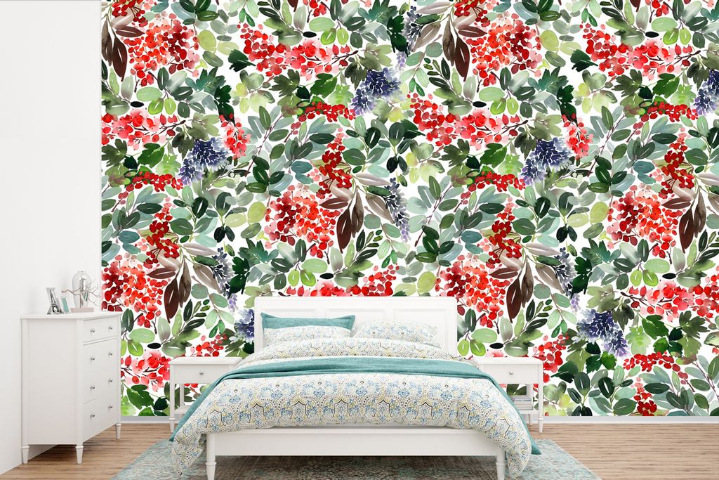 MuchoWow Fototapete für Wohnzimmer oder Schlafzimmer Wandtapete Vinyl Motivtapete Pflanzen - Beeren - Muster - 450x300 cm - Gemusterte