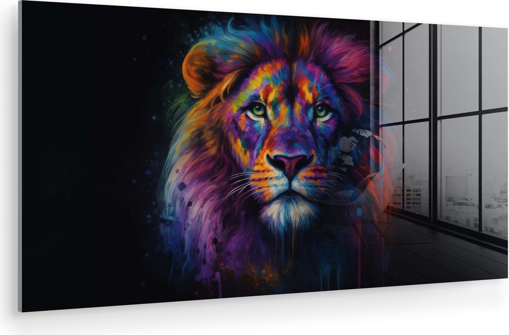 MuchoWow Glasbilder - Bilder auf Wandbild - Foto auf Glas Löwenkopf - Leuchtend bunt - Abstrakt 80x40 cm Wanddekoration aus Glas - Acrylglasbild -...