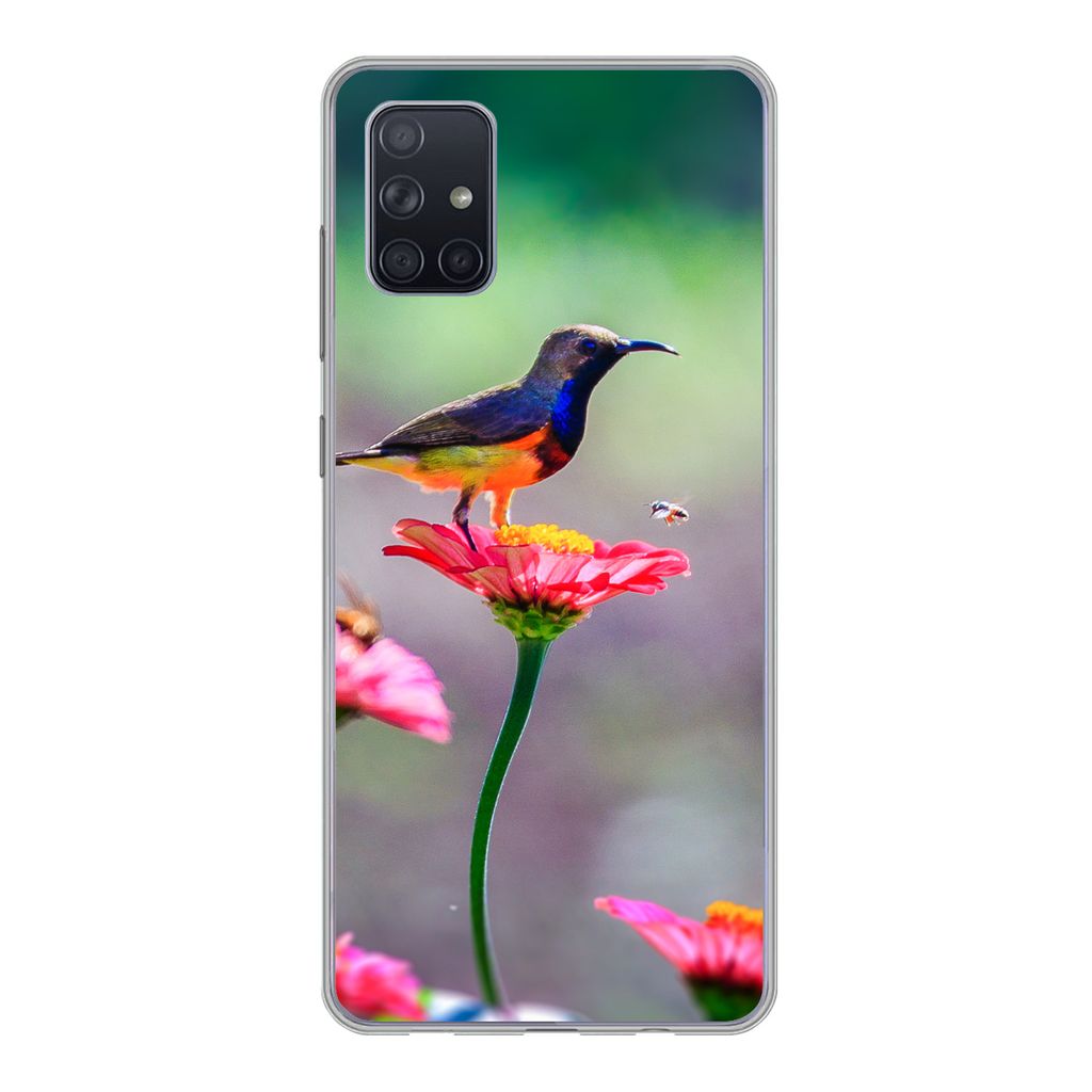 MuchoWow Handyhülle Schutzhülle Hülle für Samsung Galaxy A71 Nahaufnahme eines Kolibris auf rosa Blüten Silikon Softcase Handy Hülle - Kart...