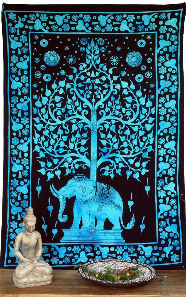 Boho Style Wandbehang, Indische Tagesdecke - Tree of Life Elefant / Türkis, Baumwolle, 190*140*0,2 cm, Bettüberwurf, Sofa Überwurf