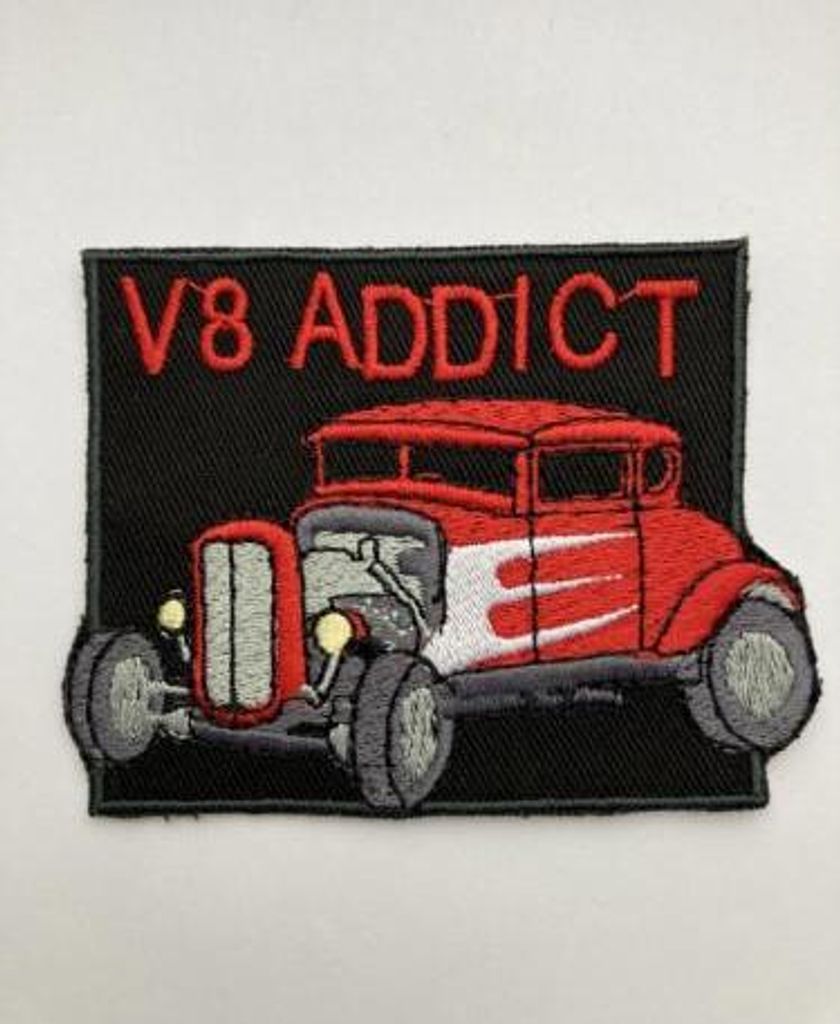 AUFNÄHER - Oldtimer V8 Addict - 04752 - Gr. ca. 8,5 x 6,5 cm - Patches Stick Applikation