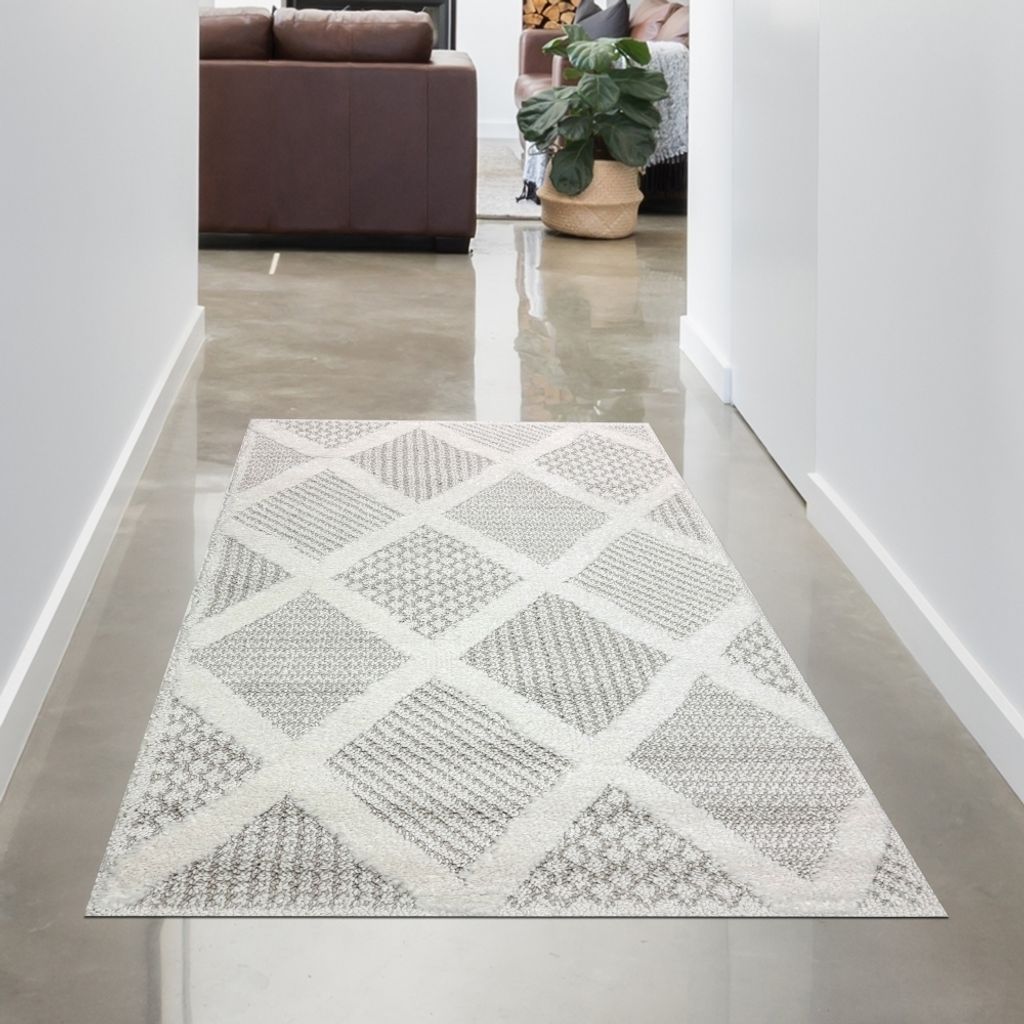 Wohnzimmer Schlafzimmer Teppich mit verschieden gemusterten Rauten in creme grau Größe - 80 x 150 cm