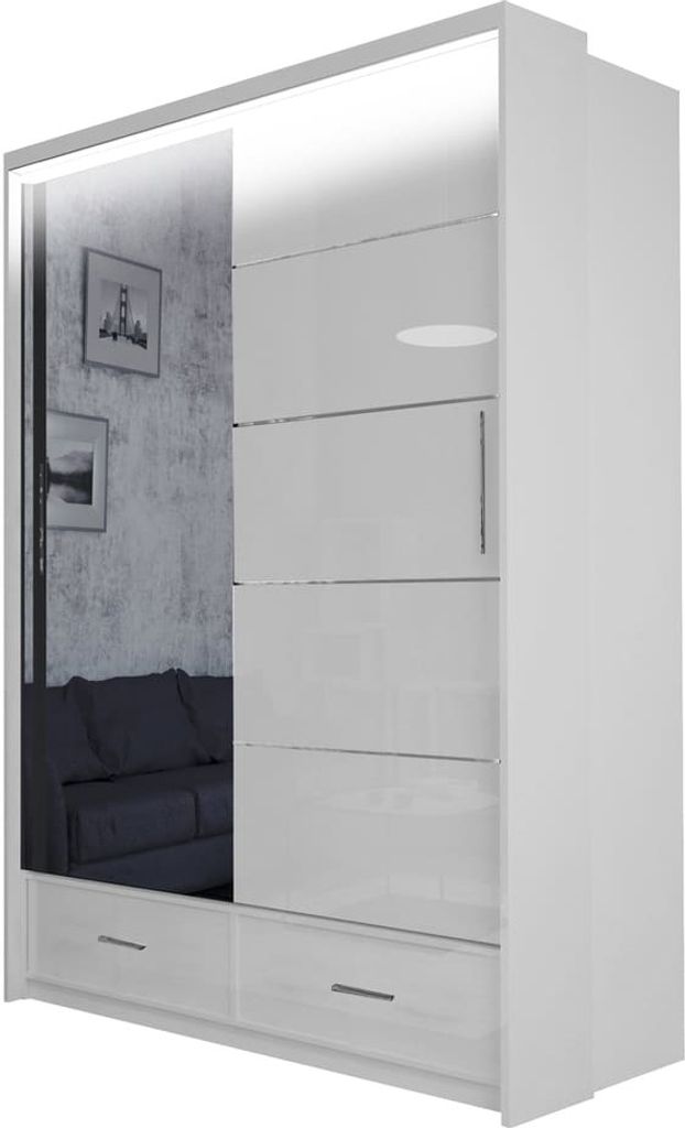 Original-Garderobe - Kleiderschrank mit schubladen Cylia LED 150 - Weiß + Spiegel - Spiegelschrank mit Schiebetüren, geräumiger Kleiderschrank...