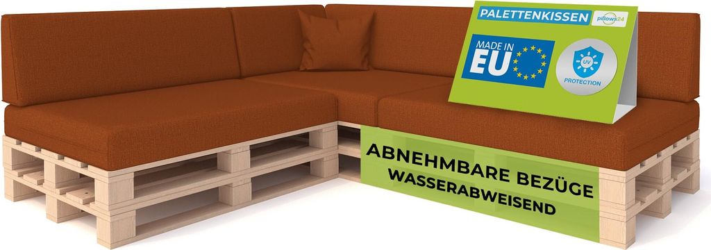 Pillows24 - Palettenkissen mit abnehmbarem Bezug - 8ER SET | Polster für Europaletten 120x80 Sofa - Wasserfest - Outdoor/Indoor | Orange