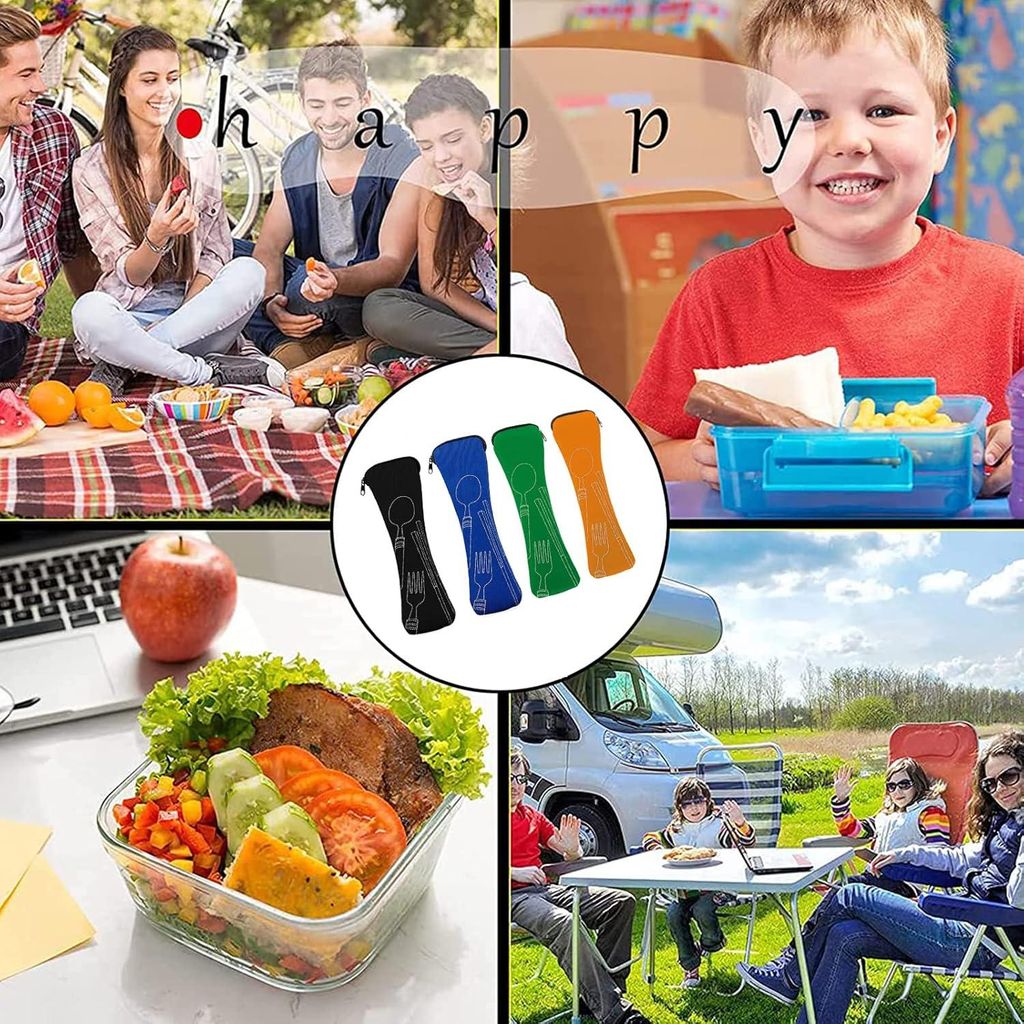 4 Stück tragbare Neopren Bestecktaschen - leer, mit Reißverschluss, Camping, Geschirr - für unterwegs - Schule - Picknick - waschbar - Besteck z...