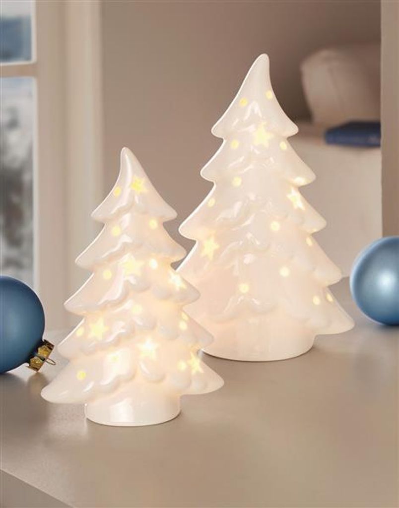 2 LED Tannen aus Porzellan, hochglanz weiß, 15 + 19 cm Produktbild 