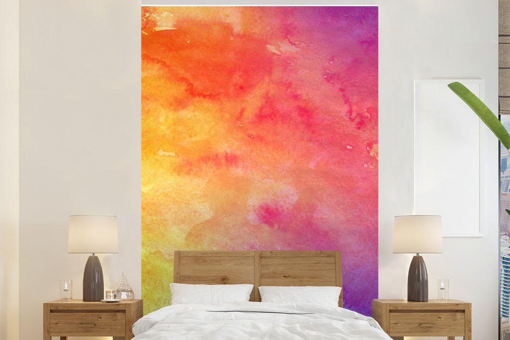 MuchoWow Fototapete für Wohnzimmer oder Schlafzimmer Wandtapete Vinyl Motivtapete Aquarell - Rosa - Orange - Lila - 195x300 cm - Das Hintergrund...