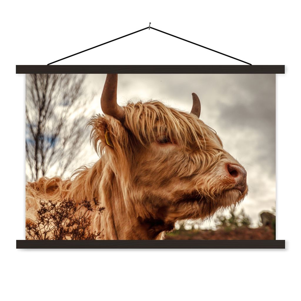 MuchoWow Textilposter Scottish Highlander - Strauch - Heidekraut 120x80 cm mit schwarzem Rahmen - Wanddeko
