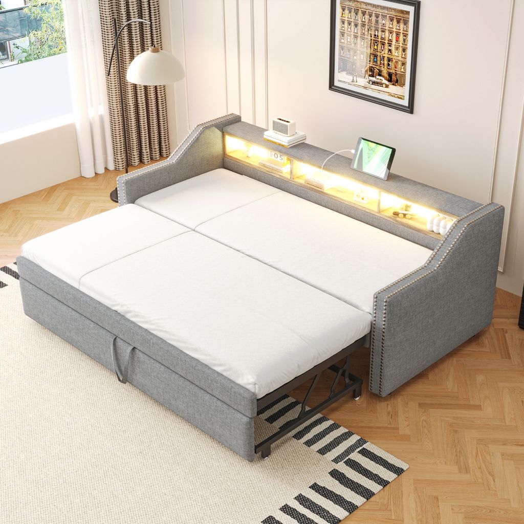 MODFU Ausziehbares Schlafsofa Tagesbett 90/180 x 190 cm, Polsterbett Daybett Kinderbett mit Multifunktionales Staufach, LED-Licht und USB-Buchse, H...