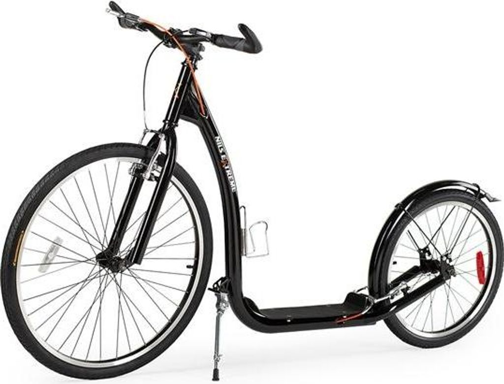 A black scooter with bicycle wheels against a white background.