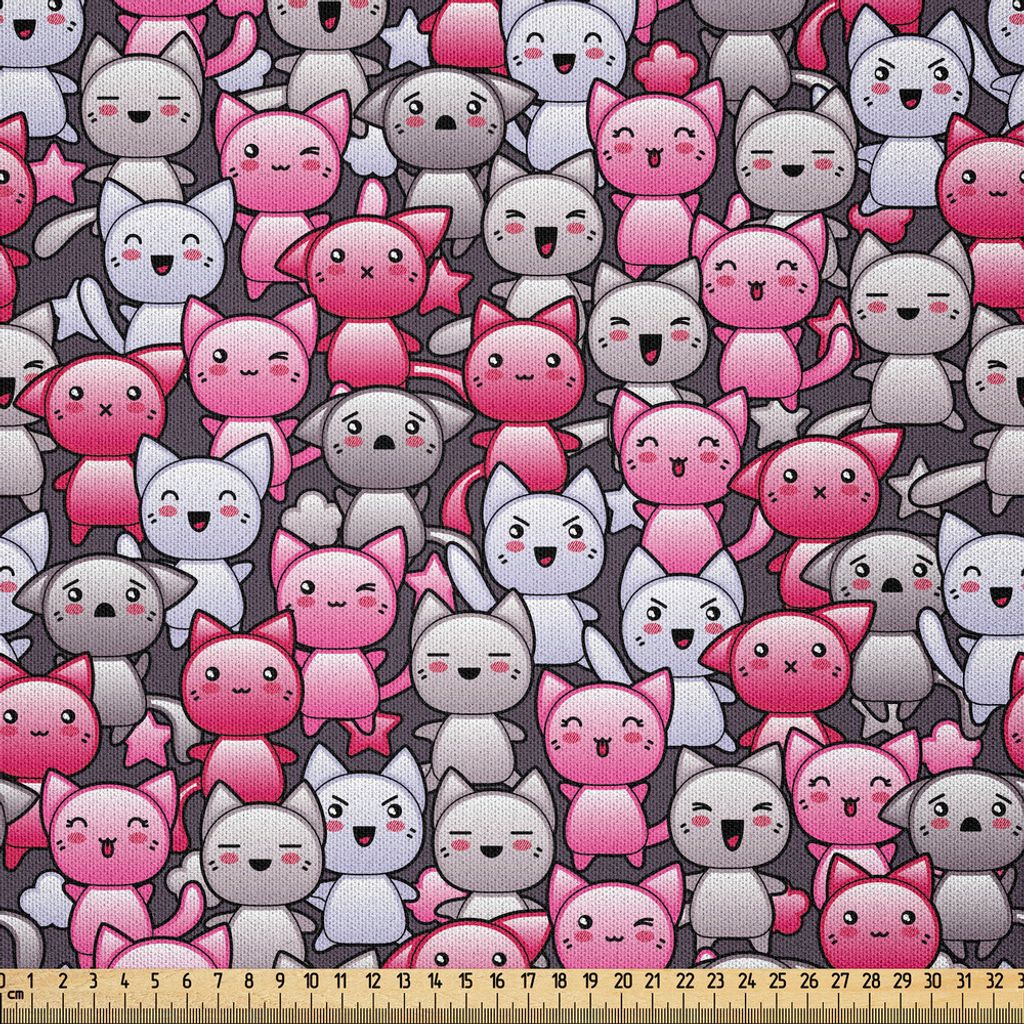 ABAKUHAUS Katze Microfaser Stoff als Meterware , Niedliches Kawaii Gekritzel-Katzen-Muster-lächelndes zwinkendes zujubelndes Maskottchen humorvoll...