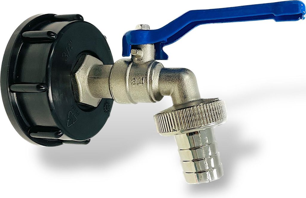 IBC Adapter S60 x 6 Grobgewinde Kugelhahn Griff Blau 3/4 Zoll Auslaufhahn