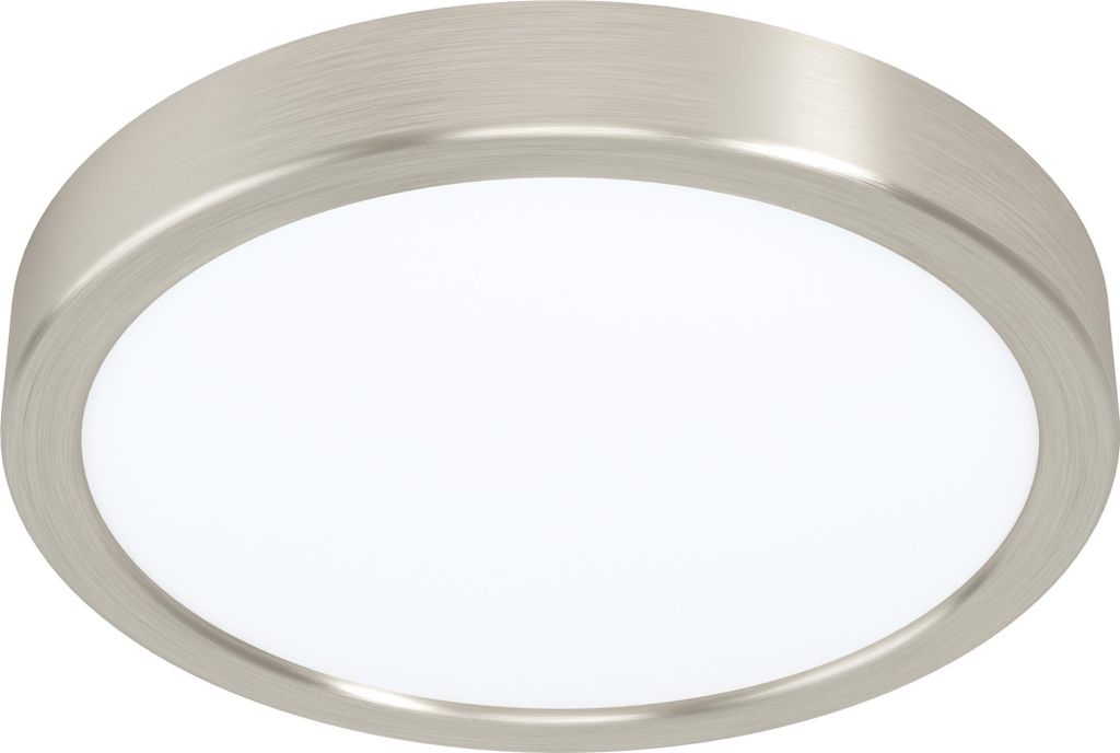 A close-up studio shot of a round, flush-mount LED ceiling light with a brushed nickel finish and a white plastic diffuser.