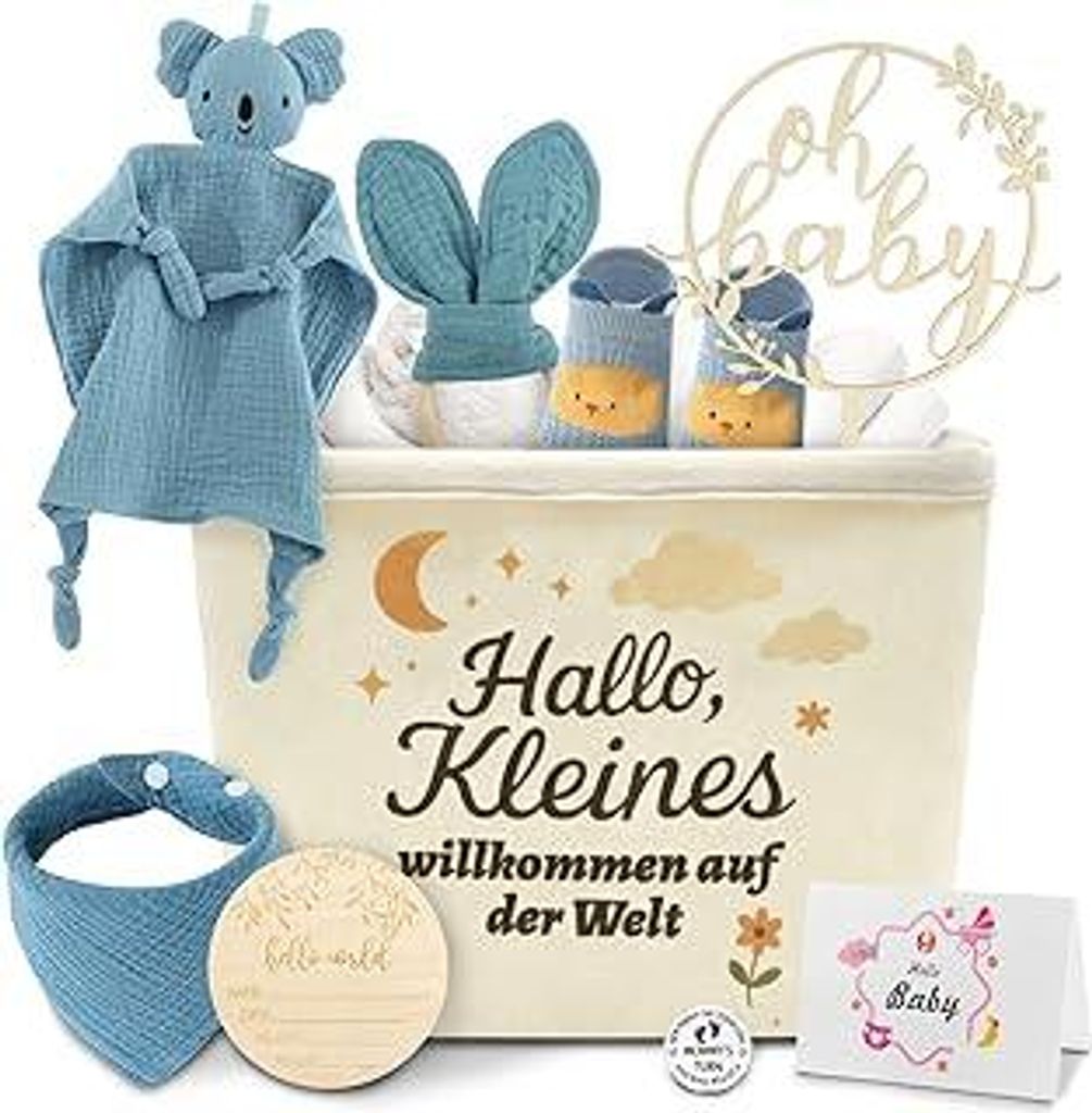 Baby Geschenk Junge & Mädchen Neugeborenen Set Babyparty Geburt Geschenkset Babygeschenke inkl. Koala Schnuffeltuch, Holz Meilensteinkarten, Socke...