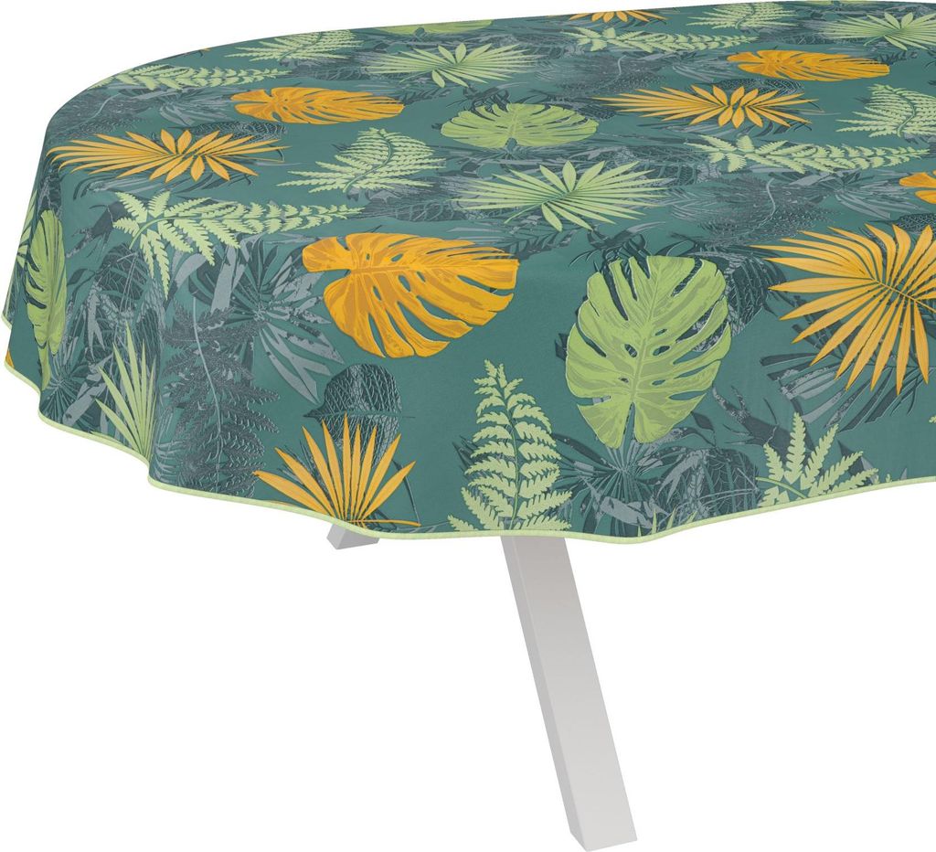 Tischdecke Aquarell Jungle Dunkelgrün Oval 200x140cm mit Band-Kante Wachstuch abwaschbar