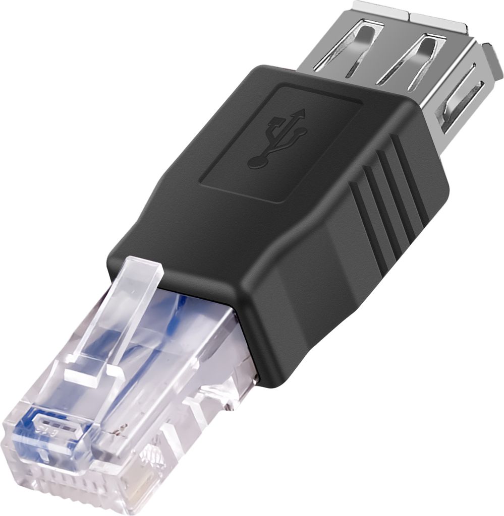 A close-up studio shot of a USB to Ethernet adapter.