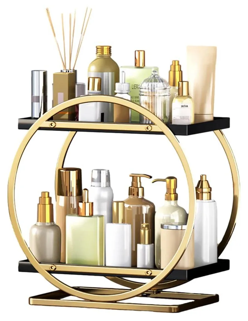 Organiseur de coiffeuse 2 étages en métal doré pour maquillage - 30cm