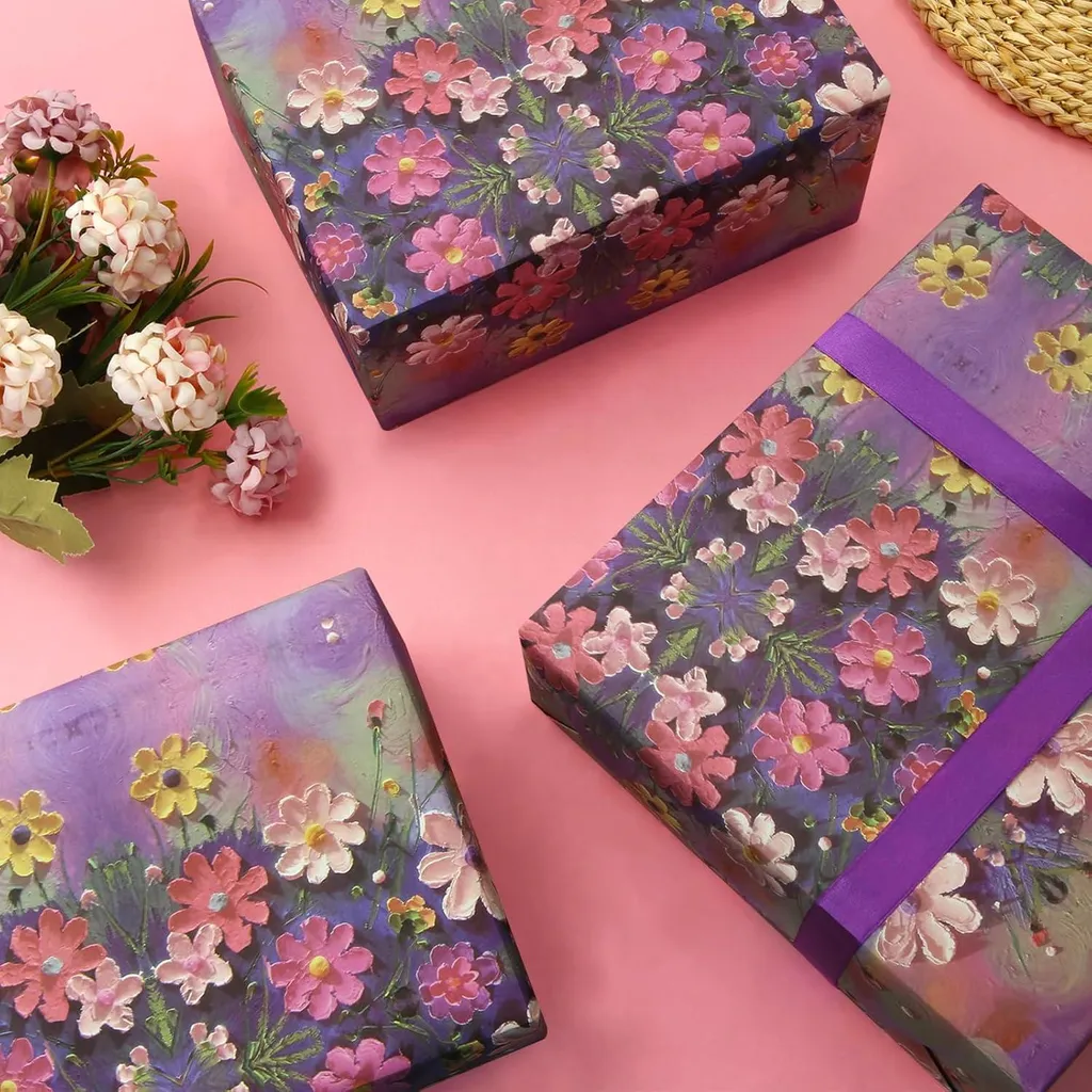 Décoration de fête naissance : 4 feuilles papier cadeau fleurs d'été - 4