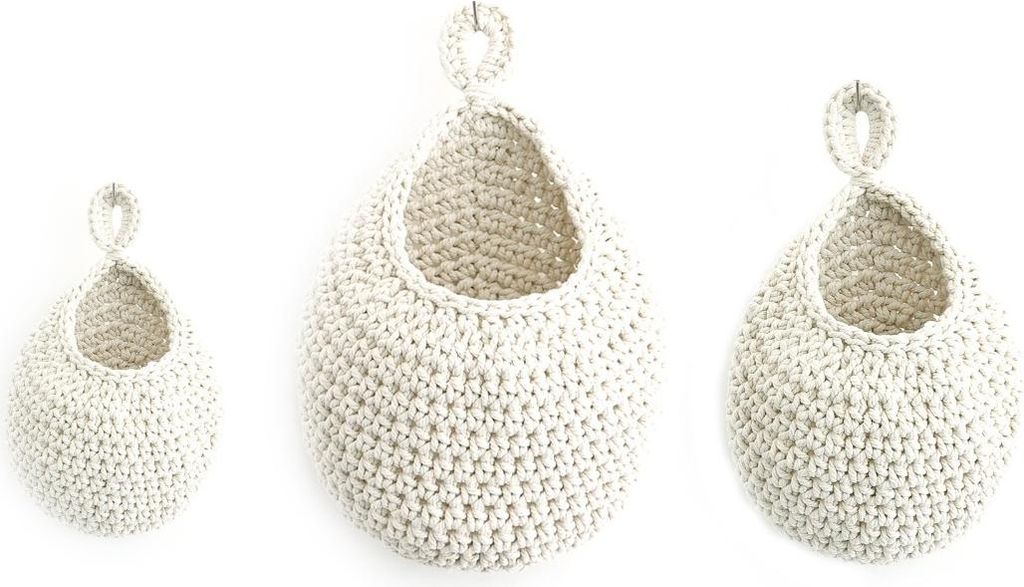 INF Handgefertigte Baumwollseil-Netztasche - Makramee Hängekorb - 3 Stück Beige