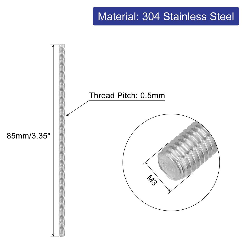 8 Stš¹ck Gewindestangen, M3 x 85mm, 304 Edelstahl, Gewindestab mit metrischem Vollgewinde, M3-0,5 Gewindesteigung fš¹r M?bel- und Maschinenmontage