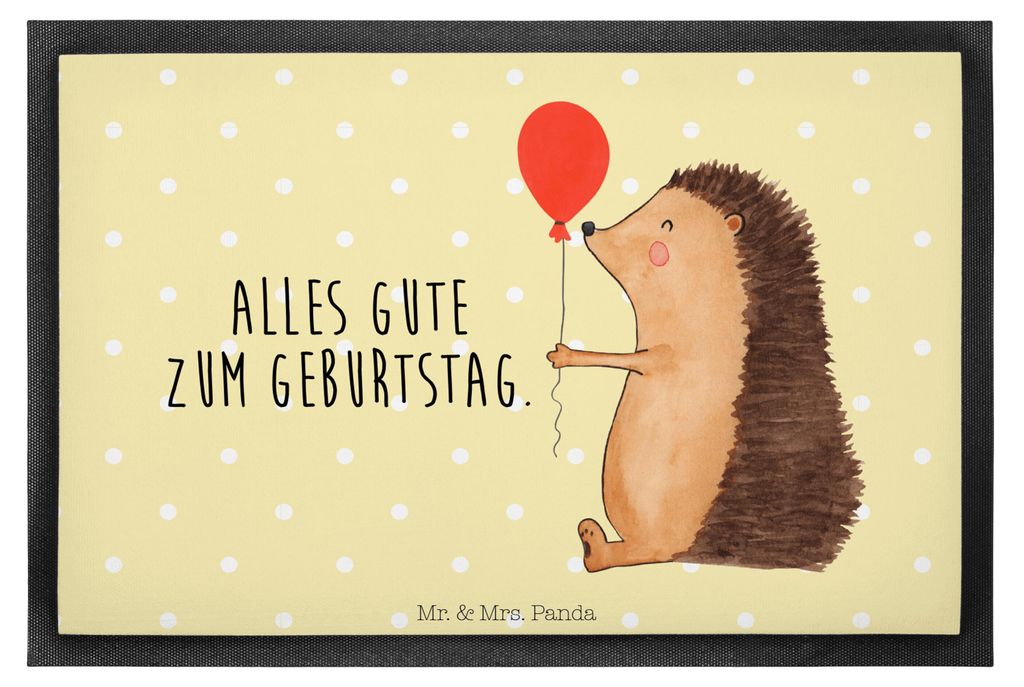 Mr. & Mrs. Panda fußmatte Igel Luftballon 40 x 60 cm - Gelb Pastell - Geschenk, Geburtstag, Bodenvorleger, Glückwunsch, Happy Birthday, Herzliche...