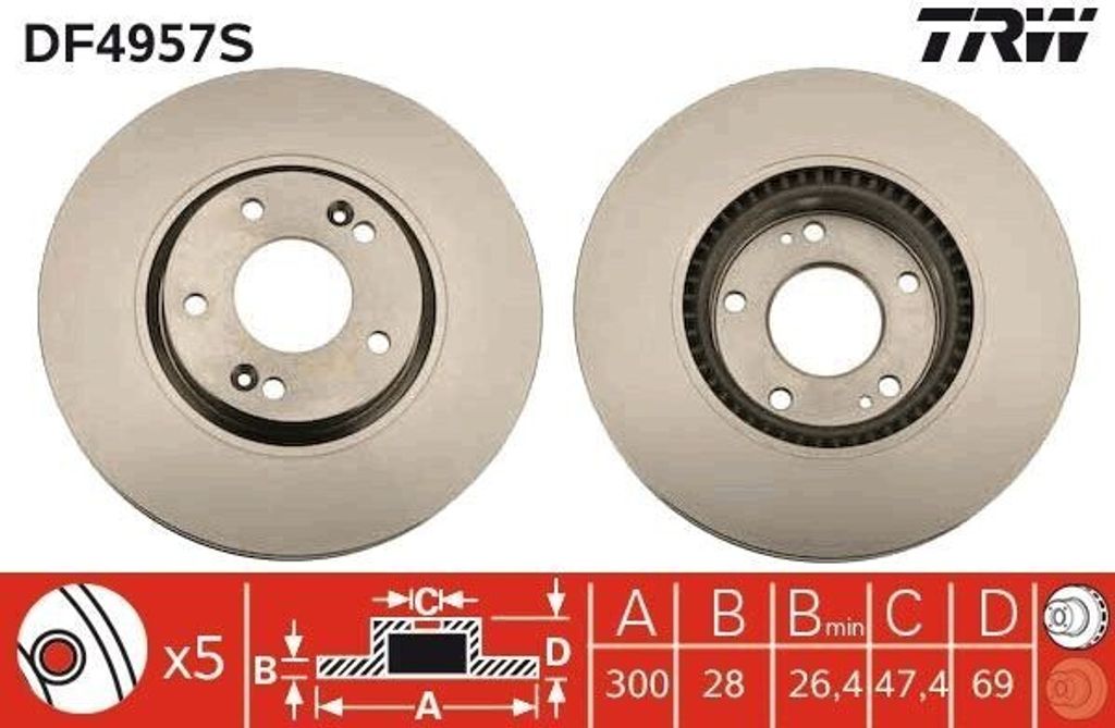 TRW DF4957S Bremsscheibe OE 51712A6600 kompatibel mit Grandeur, i30, Veloster, Ceed, Proceed, Soul