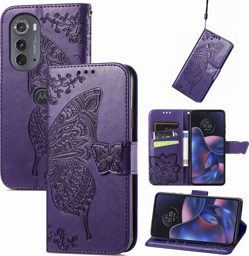 Mobigear Butterfly Motorola Edge (2022) Hülle Klapphülle Geldbörse - Lila