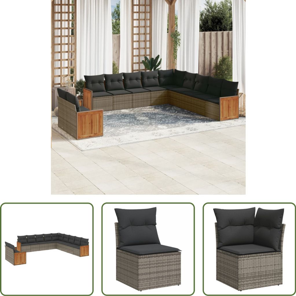 The Living Store 11-tlg. Garten-Sofagarnitur mit Kissen Grau Poly Rattan
