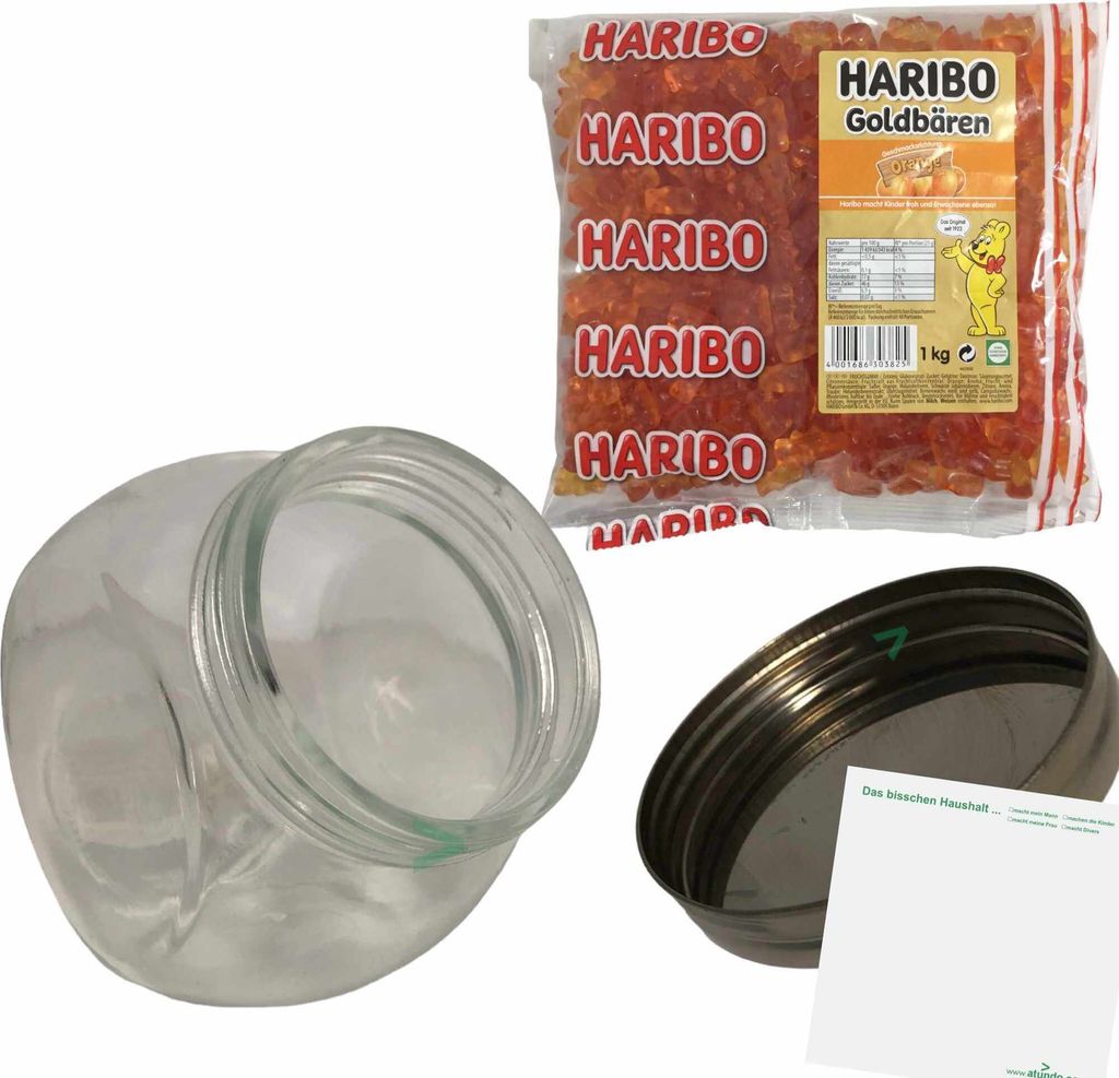 usy Bonboniere + Haribo Goldbären Orange Pack (1kg Beutel) + 1200ml Volumen Glas Größe XL + usy Block