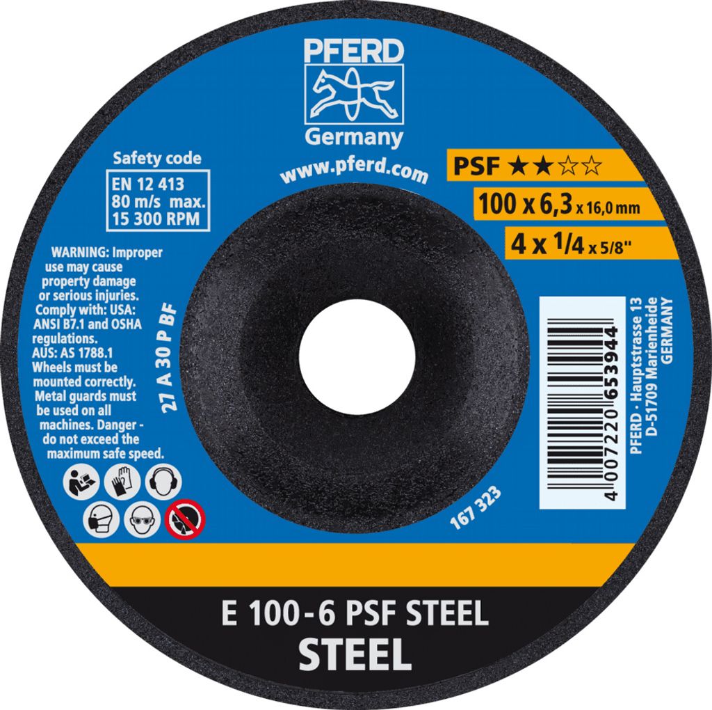 PFERD TOOLS Schruppscheibe E 100x6,3x16 mm Universallinie PSF STEEL für Stahl