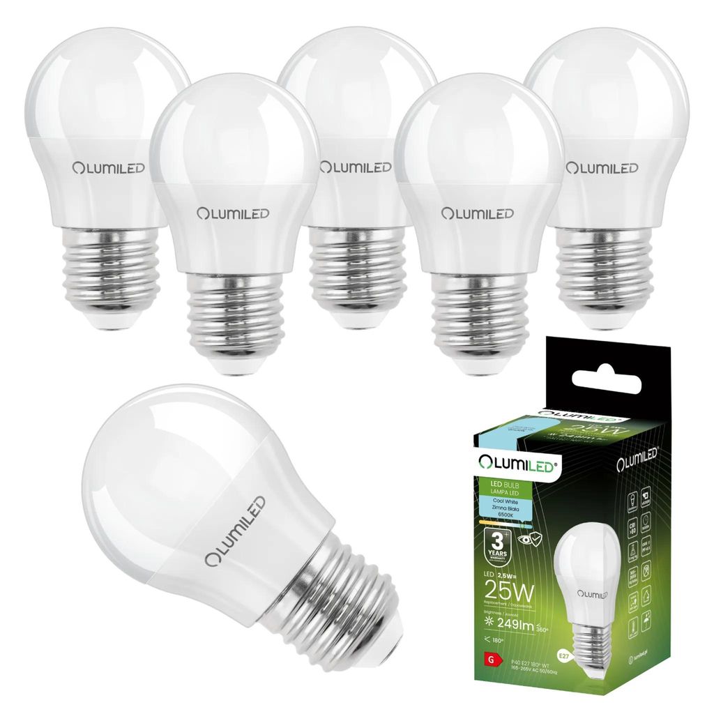 A set of six LumiLED LED light bulbs and one packaged box of the same bulbs, all on a white background.