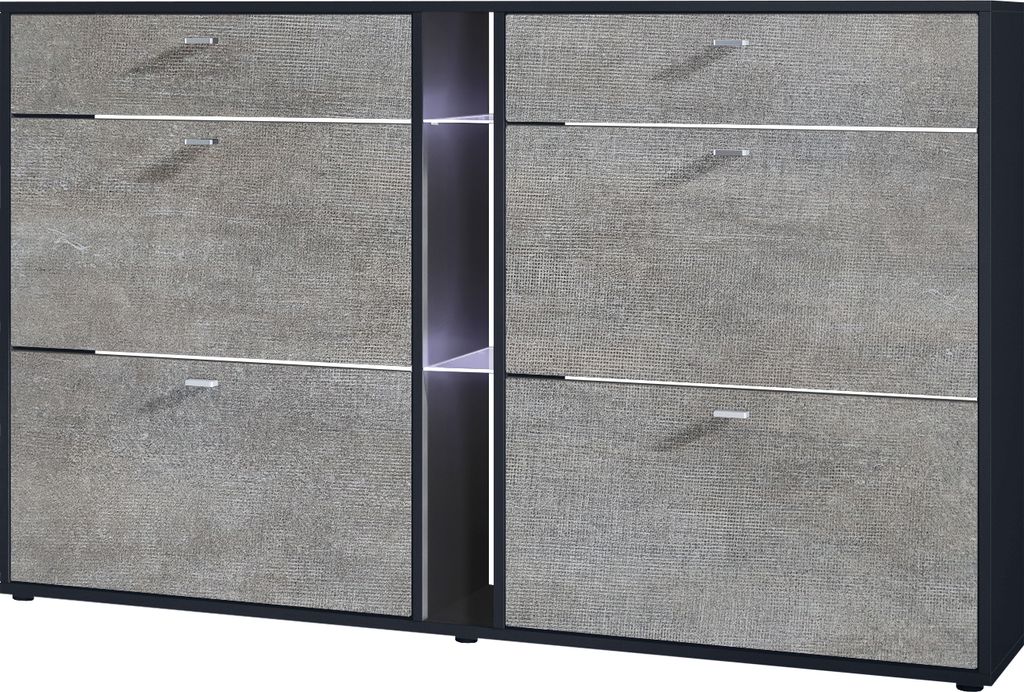 Vladon Schuhschrank Schuhkipper Today 155,5 x 95 x 28 cm, mit weißer LED Beleuchtung, Germany, Korpus in Schwarz matt, Fronten in Braun meliert