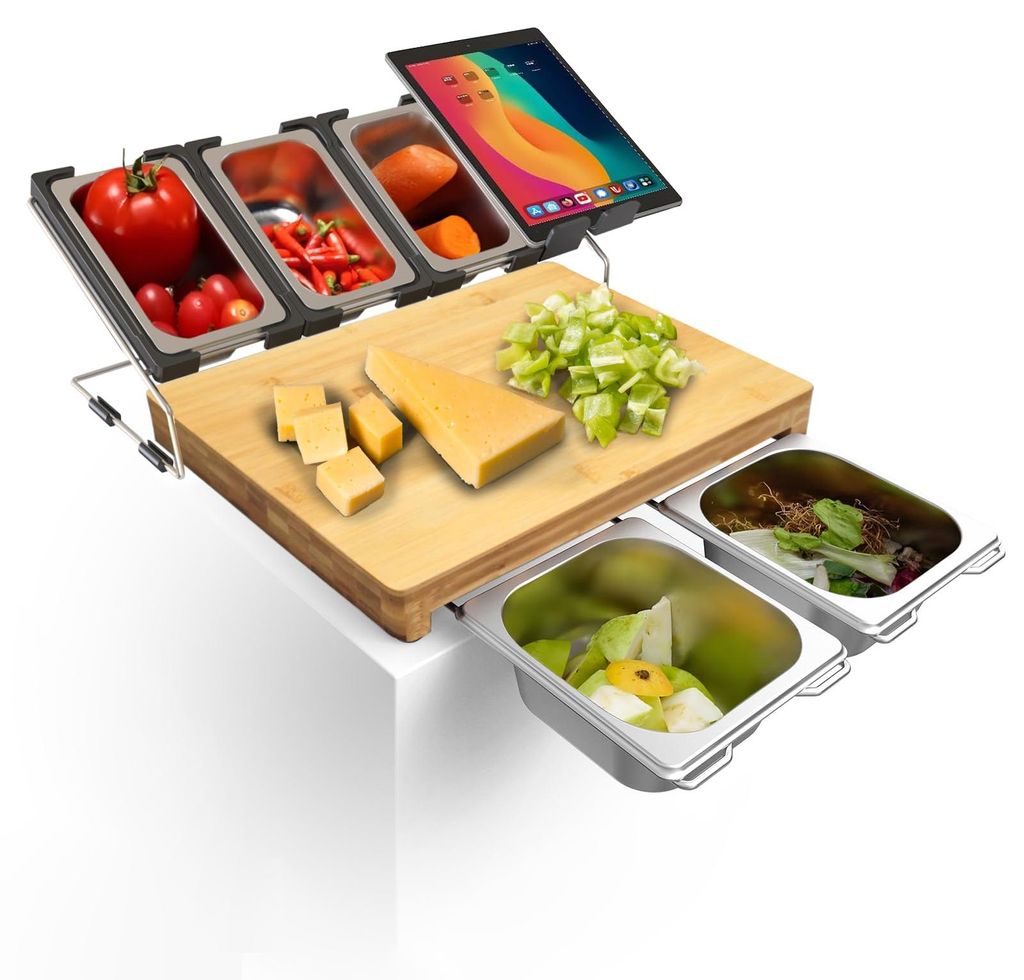 Schneidebrett mit Abtropfschale, aus organischem Bambusholz, extra groß, inklusive 5 Edelstahl-Aufbewahrungsboxen und 1 Handy-/Tablet-Halter (40 *...