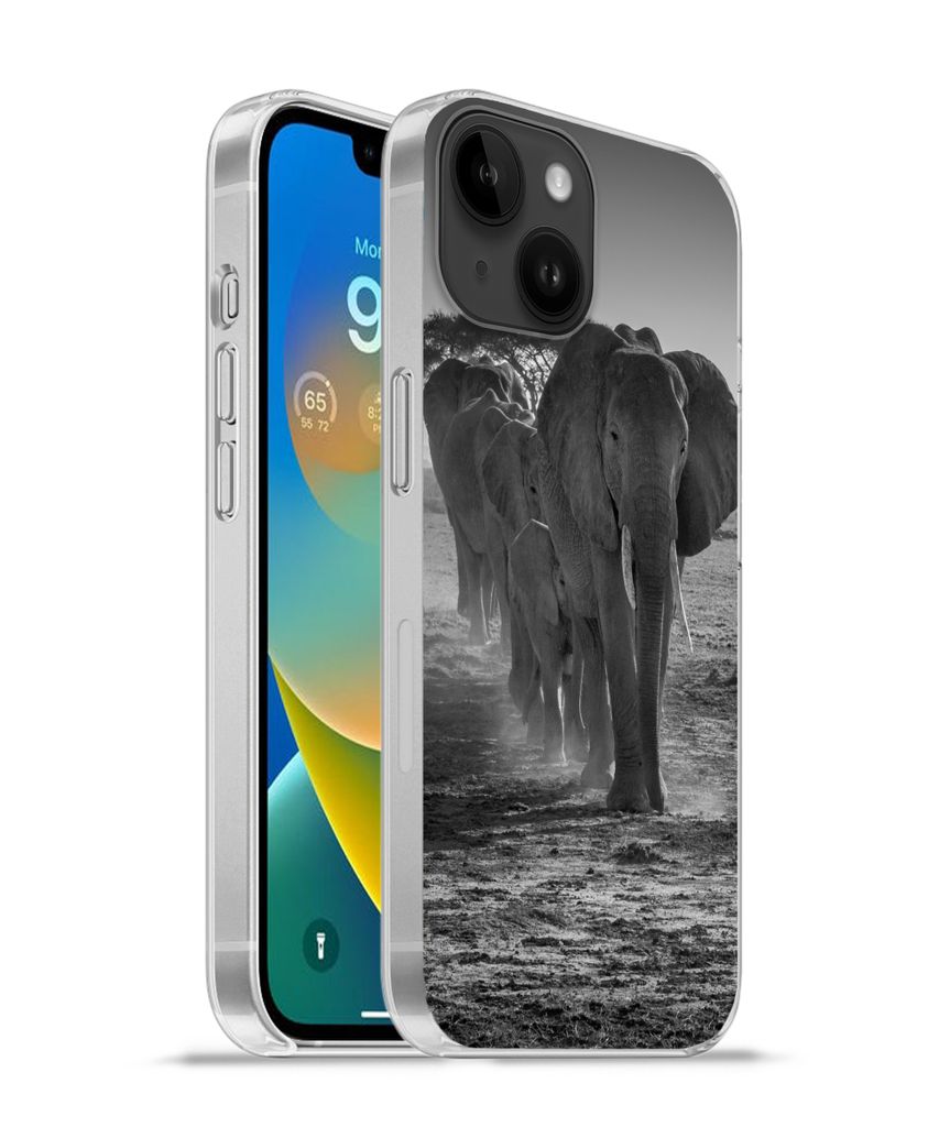 MuchoWow Handyhülle Schutzhülle Hülle für Apple iPhone 14 - Softcase Elefant - Einfarbig - Tiere - Schwarz - Weiß Silikon Softcase Handy Hü...