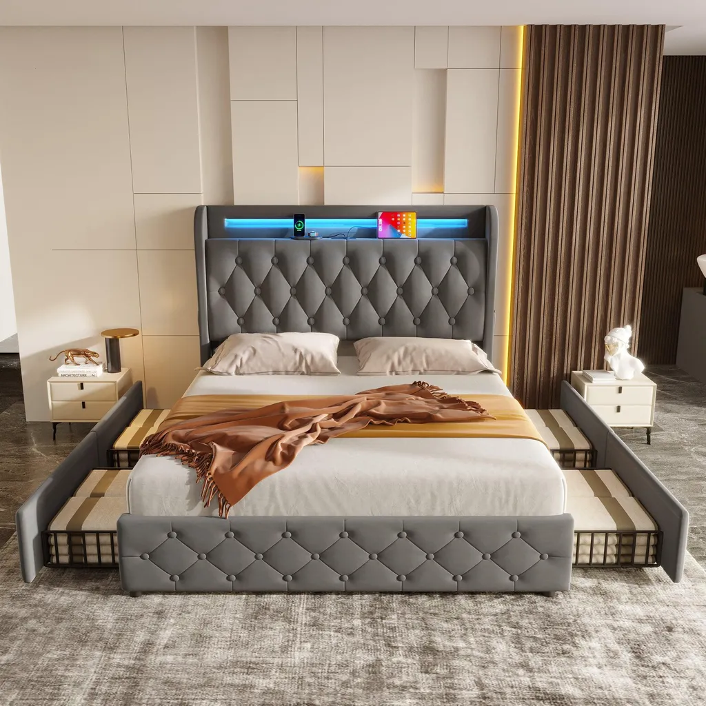 Lit rembourré 140x190 gris en velours, sommier avec LED, USB-C et 4 tiroirs