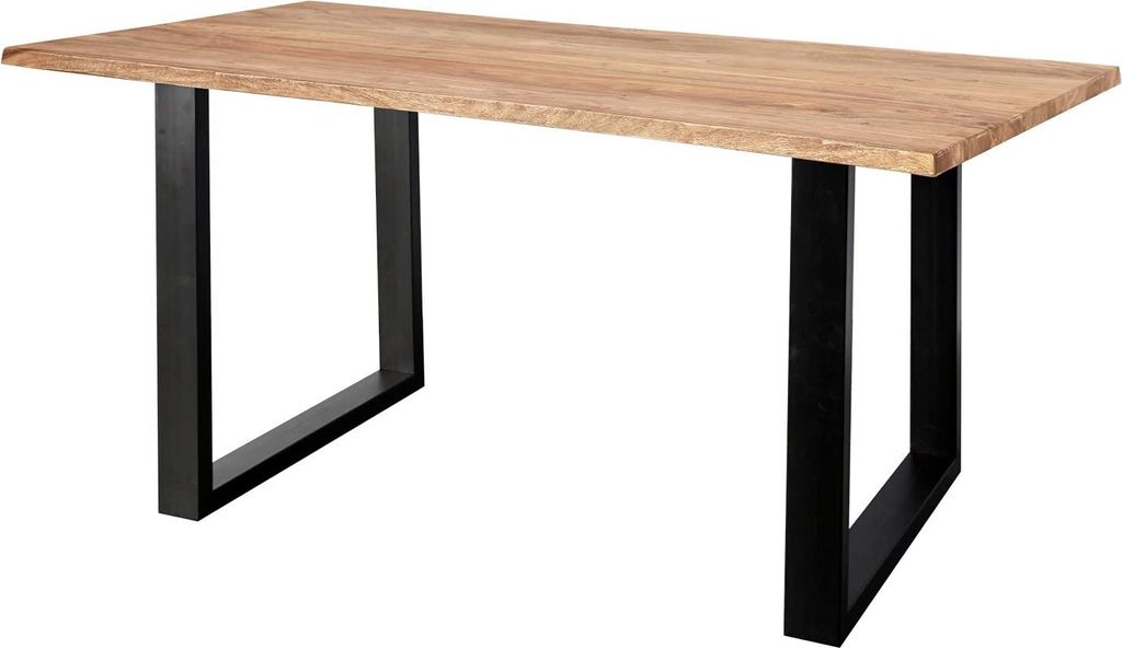 Baumkantentisch 180x90cm Marek, Sheesham-Holz naturbelassen, Esstisch mit echter Baumkante, massiver Esszimmertisch mit U-Gestell Mattschwarz, Tisc...